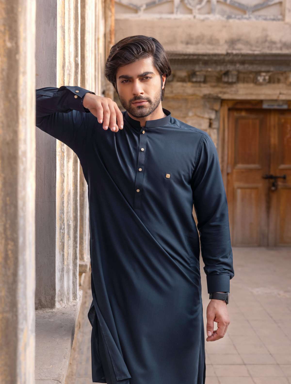 Navy Blue Textured Kameez Shalwaar