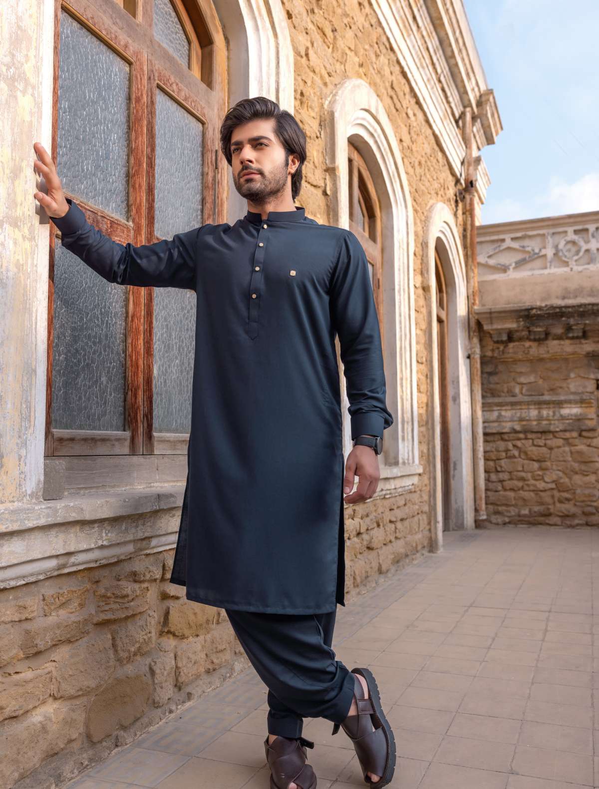 Navy Blue Textured Kameez Shalwaar