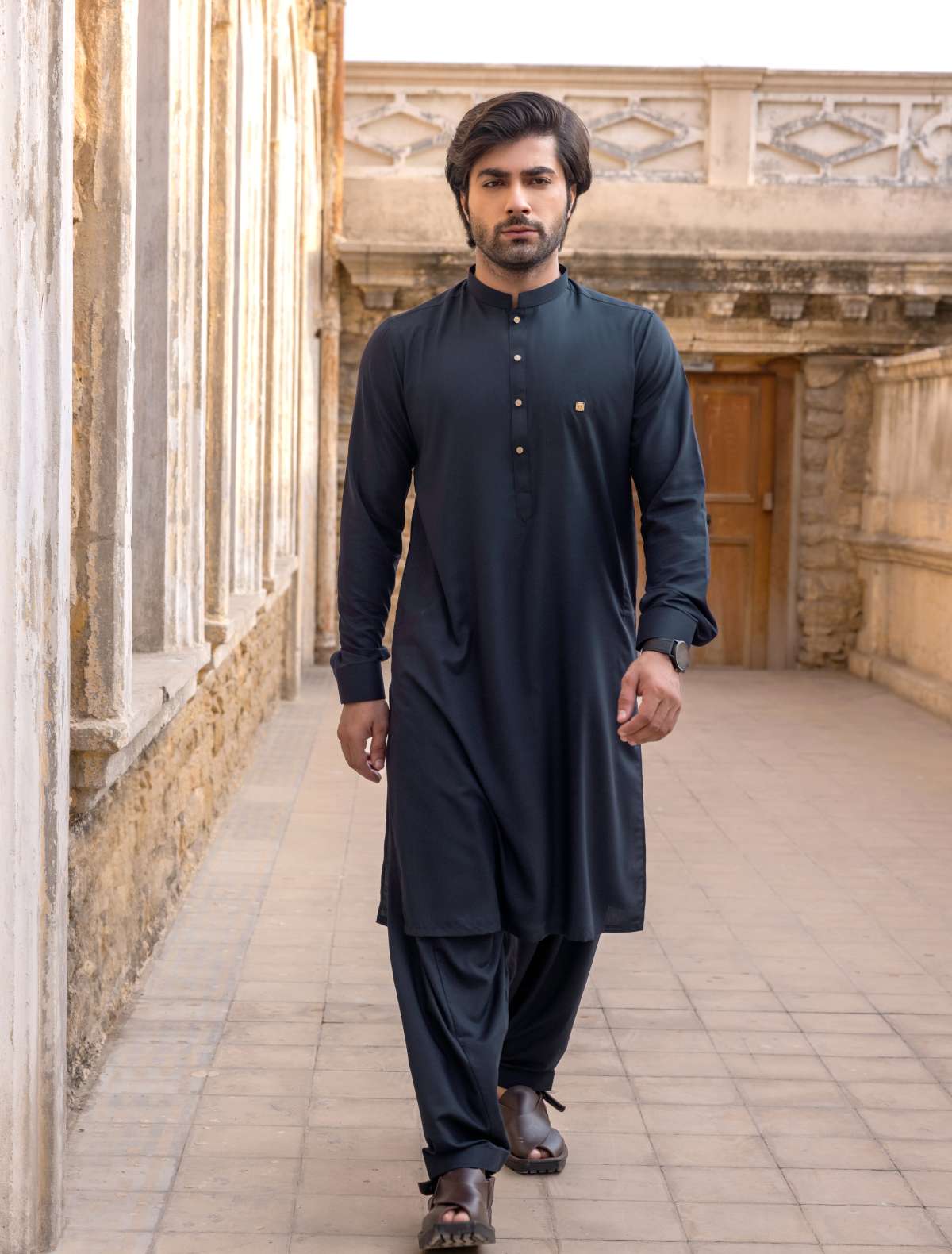 Navy Blue Textured Kameez Shalwaar