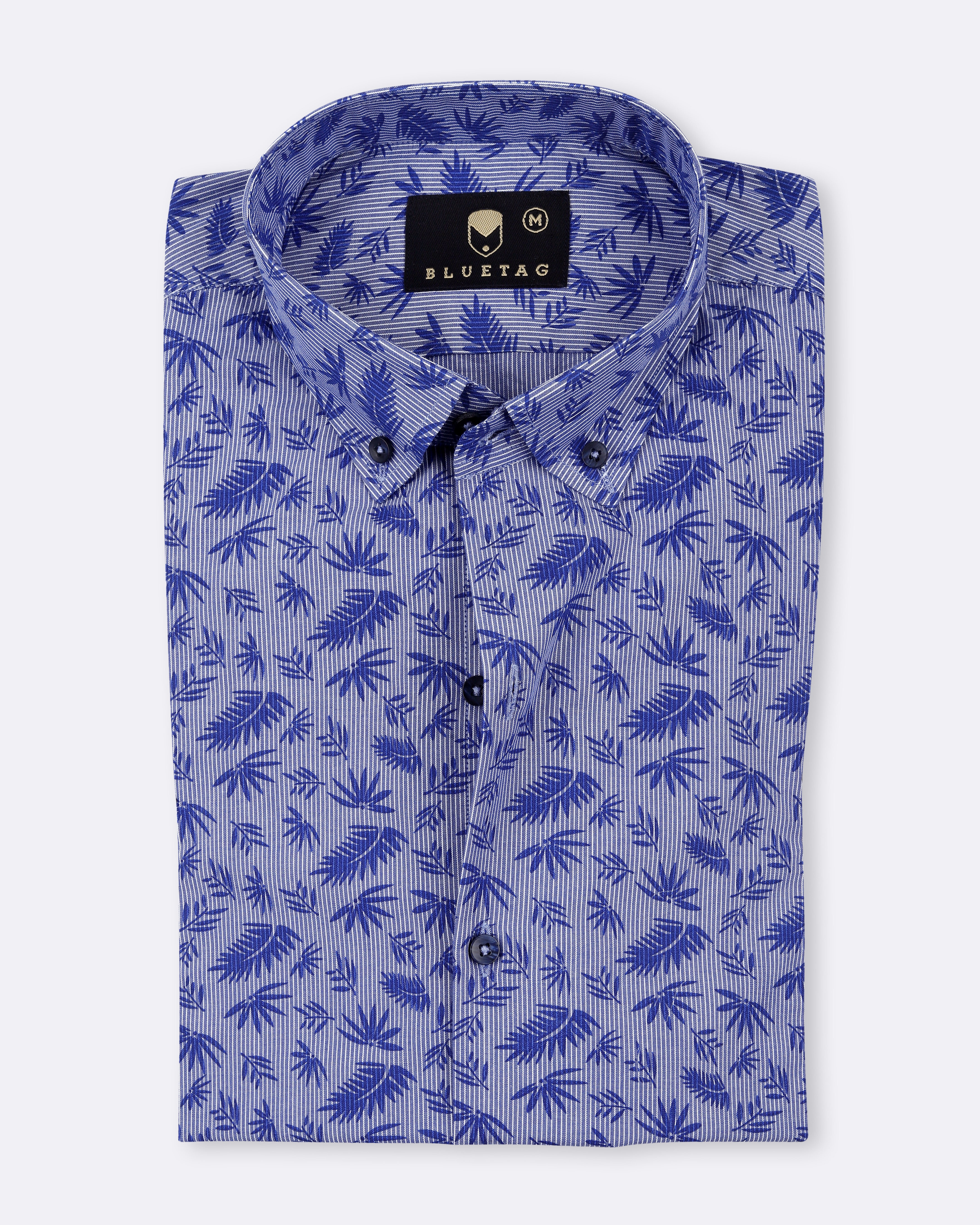 Blue Tropical Leaf Printed Shirt